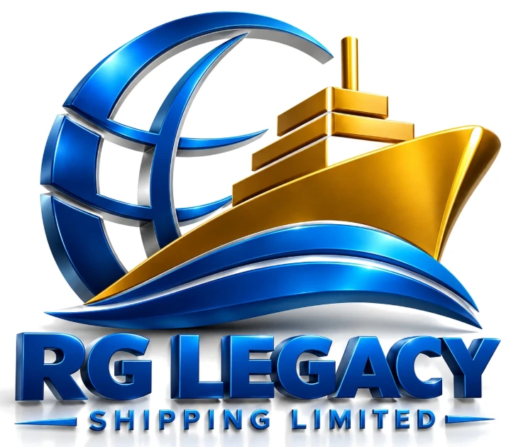 RG Legacy Shipping Limited logo: a gold ship on a blue wave in front of a blue globe